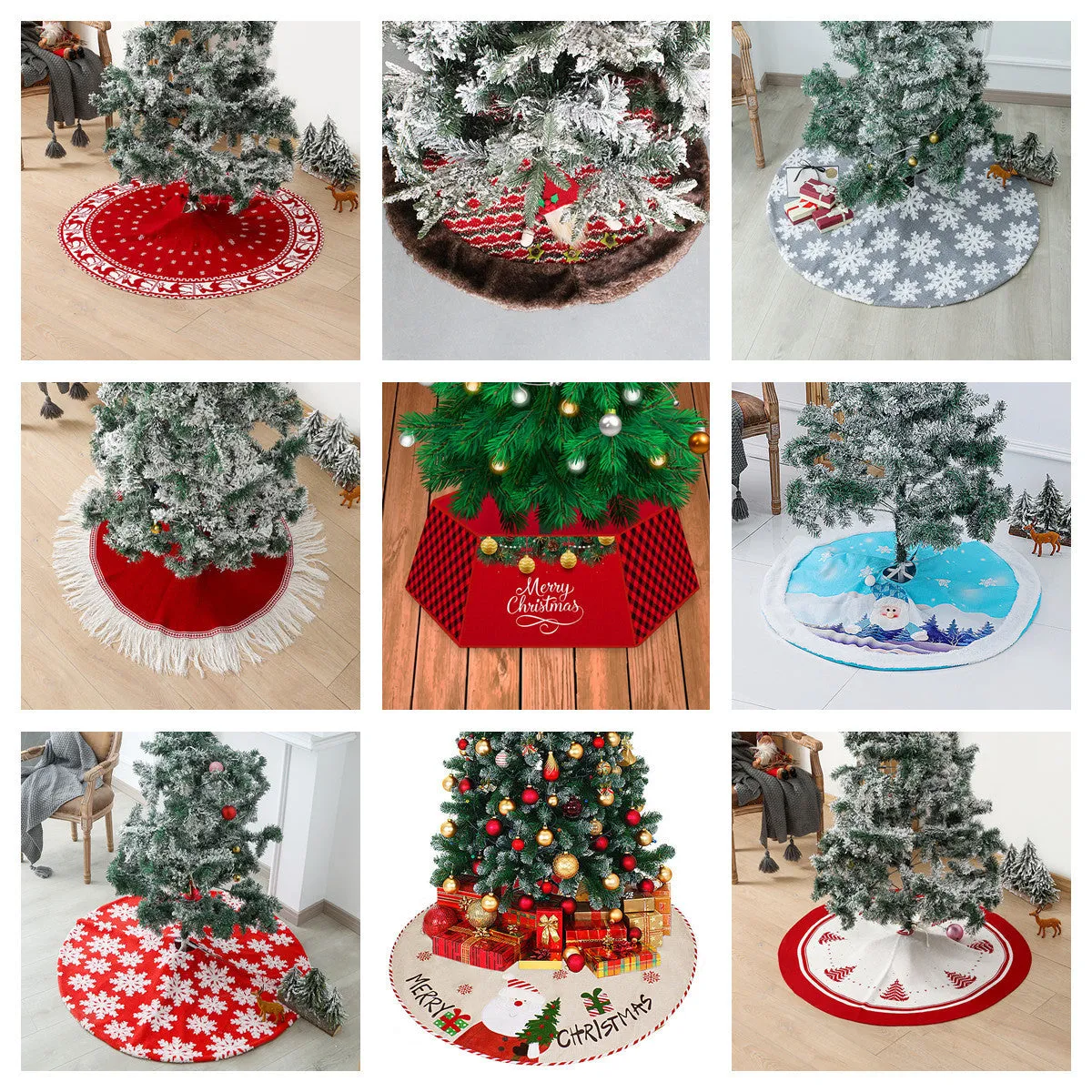 80/90/120cm Green Snowflake Tassel Elk Knitted Christmas-Tree Skirt Decorations