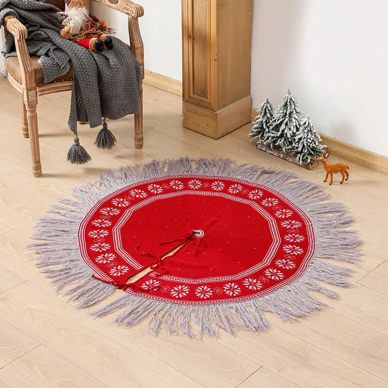80/90/120cm Green Snowflake Tassel Elk Knitted Christmas-Tree Skirt Decorations