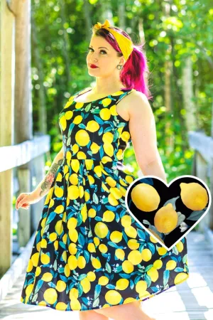 Amanda Vintage Flared Dress in Black/Yellow Lemon Print
