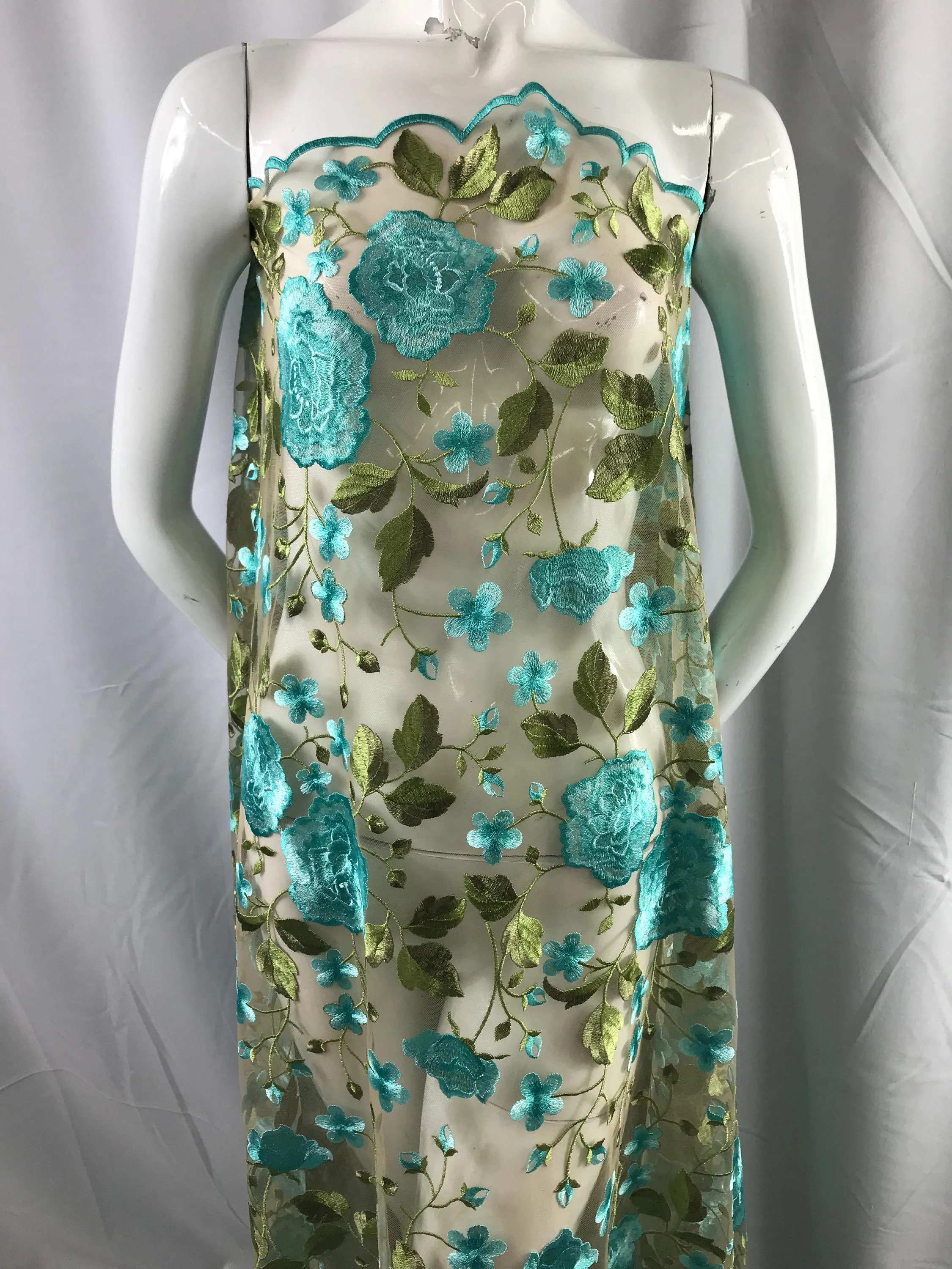 Aqua flower garden design embroider on a Mesh Lace-wedding-prom-nightgown-bridal-dresses-apparel-fashion-sold by the yard.