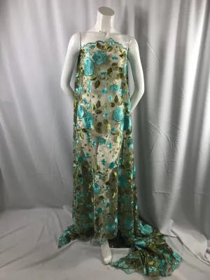 Aqua flower garden design embroider on a Mesh Lace-wedding-prom-nightgown-bridal-dresses-apparel-fashion-sold by the yard.