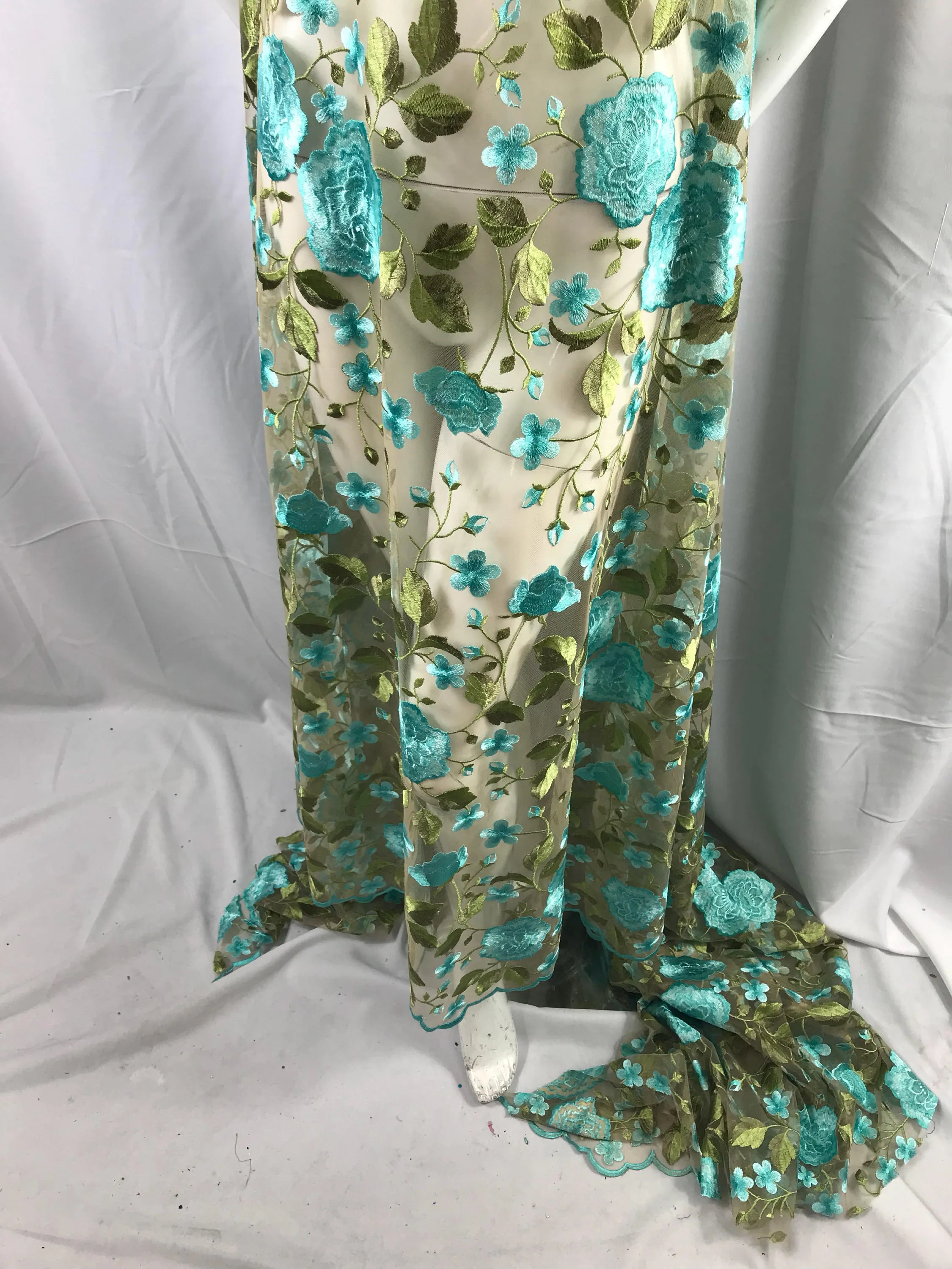 Aqua flower garden design embroider on a Mesh Lace-wedding-prom-nightgown-bridal-dresses-apparel-fashion-sold by the yard.