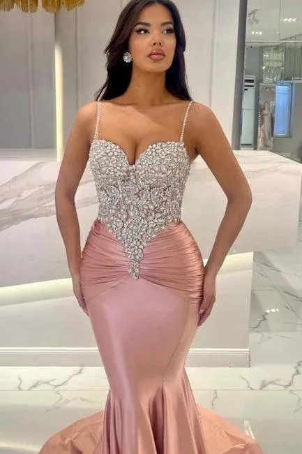 Attractive Long Mermaid Spaghetti Straps Lace Prom Dress with Train