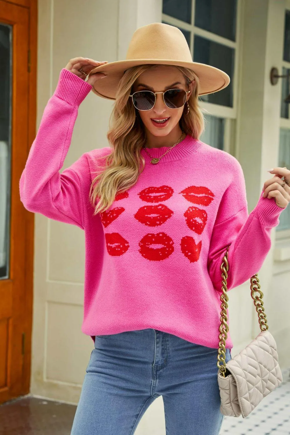 Autumn Darling Ribbed Knit Graphic Lips Sweater