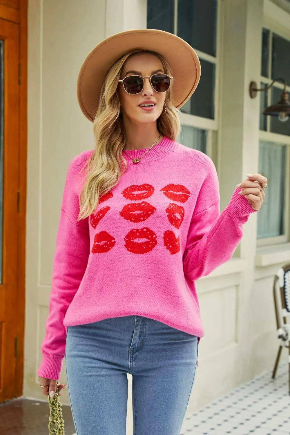 Autumn Darling Ribbed Knit Graphic Lips Sweater