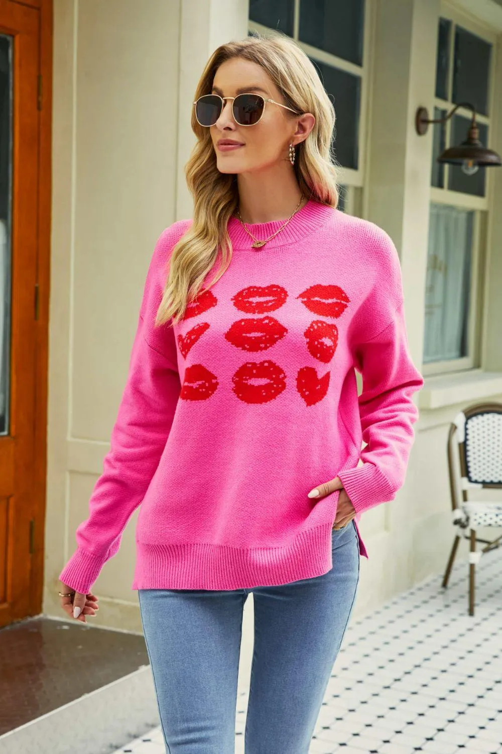 Autumn Darling Ribbed Knit Graphic Lips Sweater