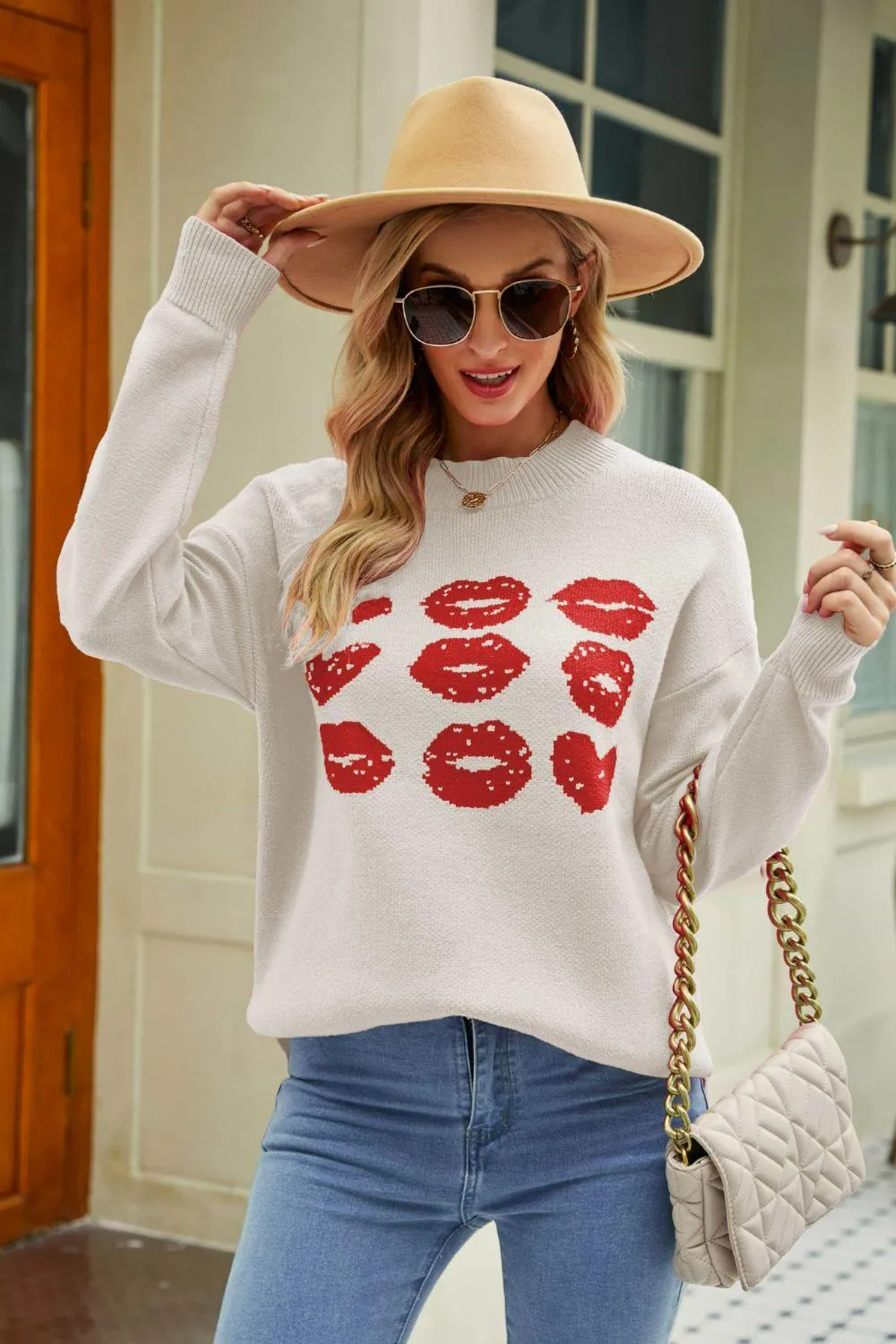 Autumn Darling Ribbed Knit Graphic Lips Sweater