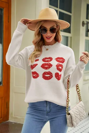 Autumn Darling Ribbed Knit Graphic Lips Sweater