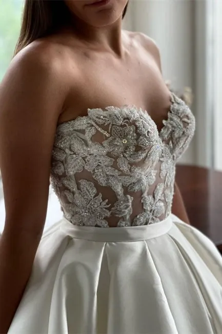 Beautiful Long A-Line Satin Beading Sleeveless Wedding Dresses With Lace