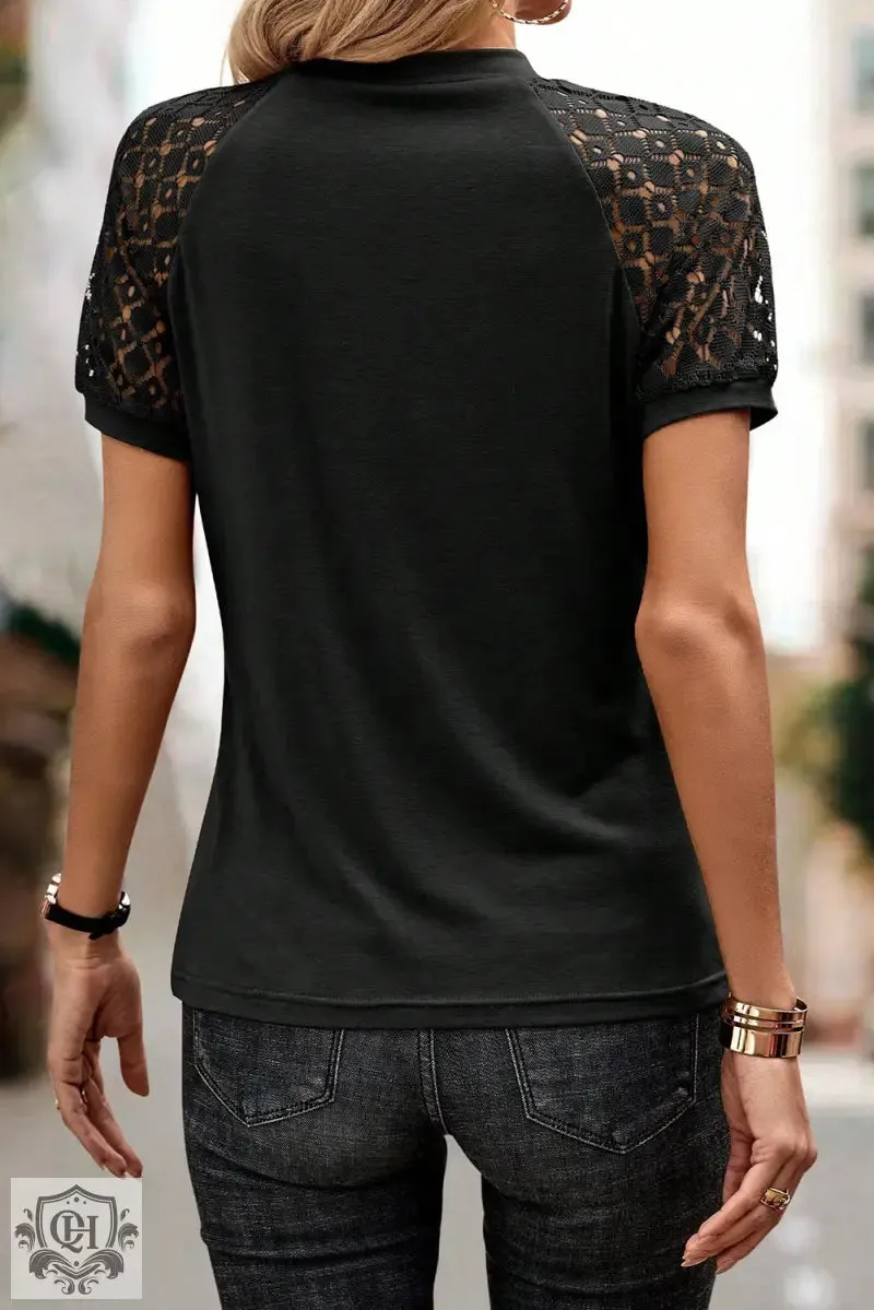 Black Seamed Detail Contrast Lace Raglan Sleeve Tee
