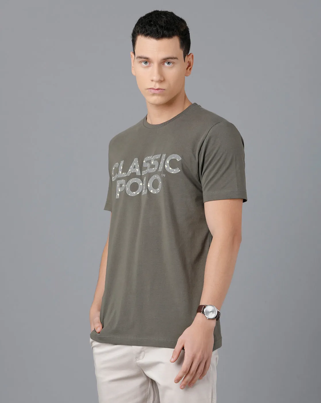 Classic Polo Mens Cotton Half Sleeve Printed Slim Fit Green Color Round Neck T-Shirt | Baleno - 445 A