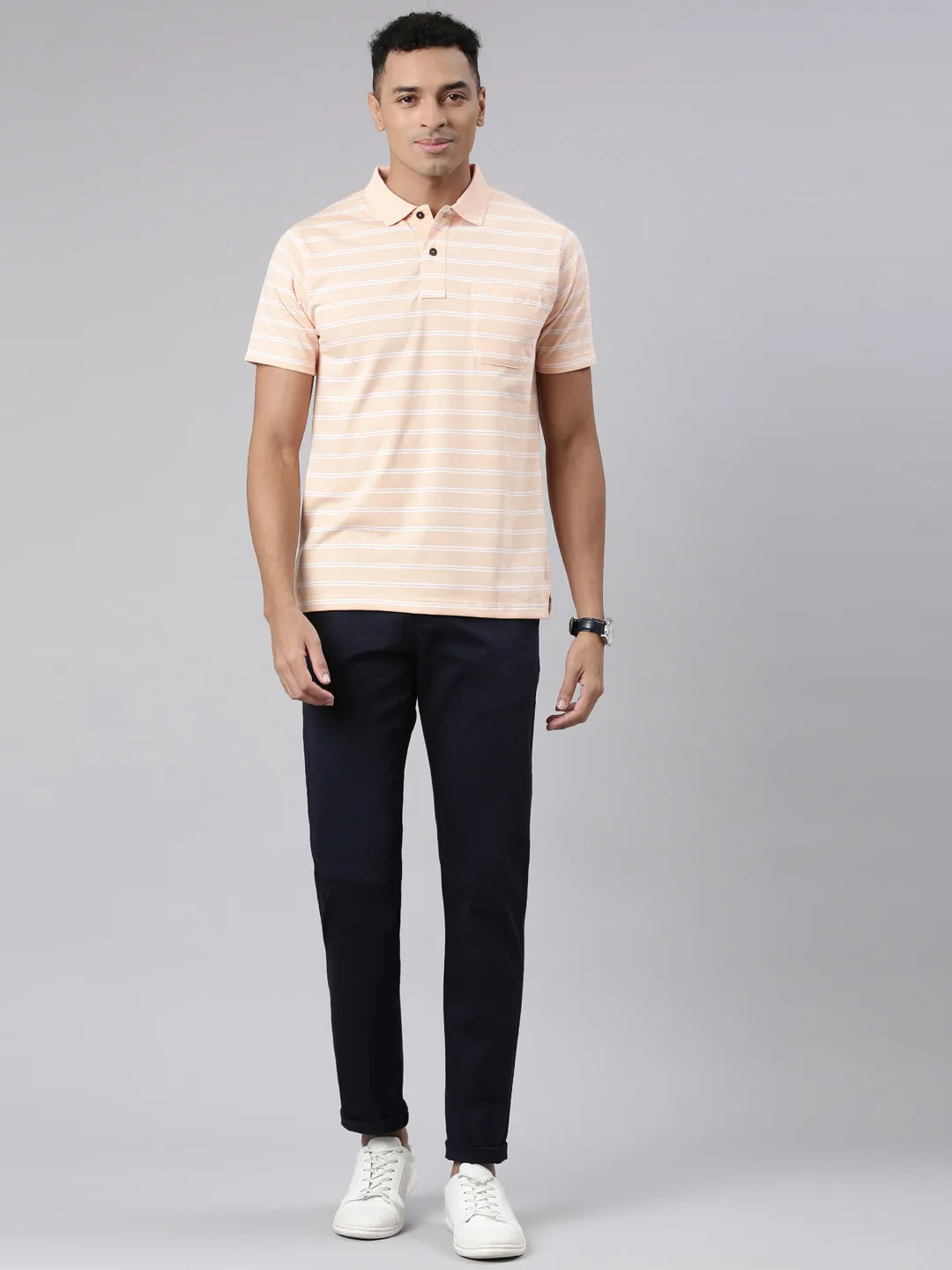 Classic Polo Men's Half Sleeve Lt.Orange/White Polo Neck Cotton Blend Authentic Fit T-Shirt | AVON - 570 B AF P