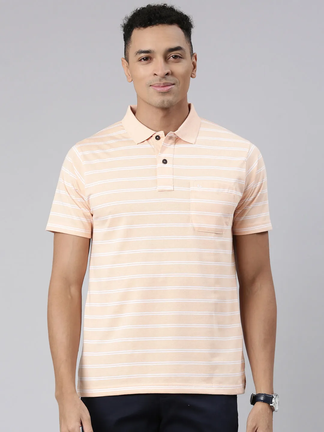 Classic Polo Men's Half Sleeve Lt.Orange/White Polo Neck Cotton Blend Authentic Fit T-Shirt | AVON - 570 B AF P