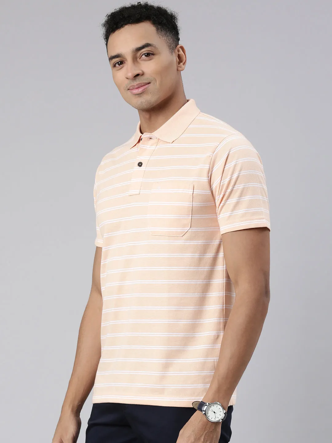 Classic Polo Men's Half Sleeve Lt.Orange/White Polo Neck Cotton Blend Authentic Fit T-Shirt | AVON - 570 B AF P