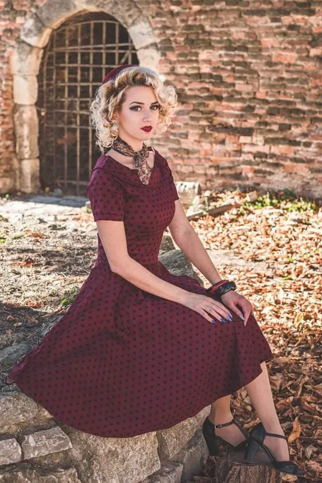 Darlene Retro Polka Dot Swing Dress in Burgundy-Black