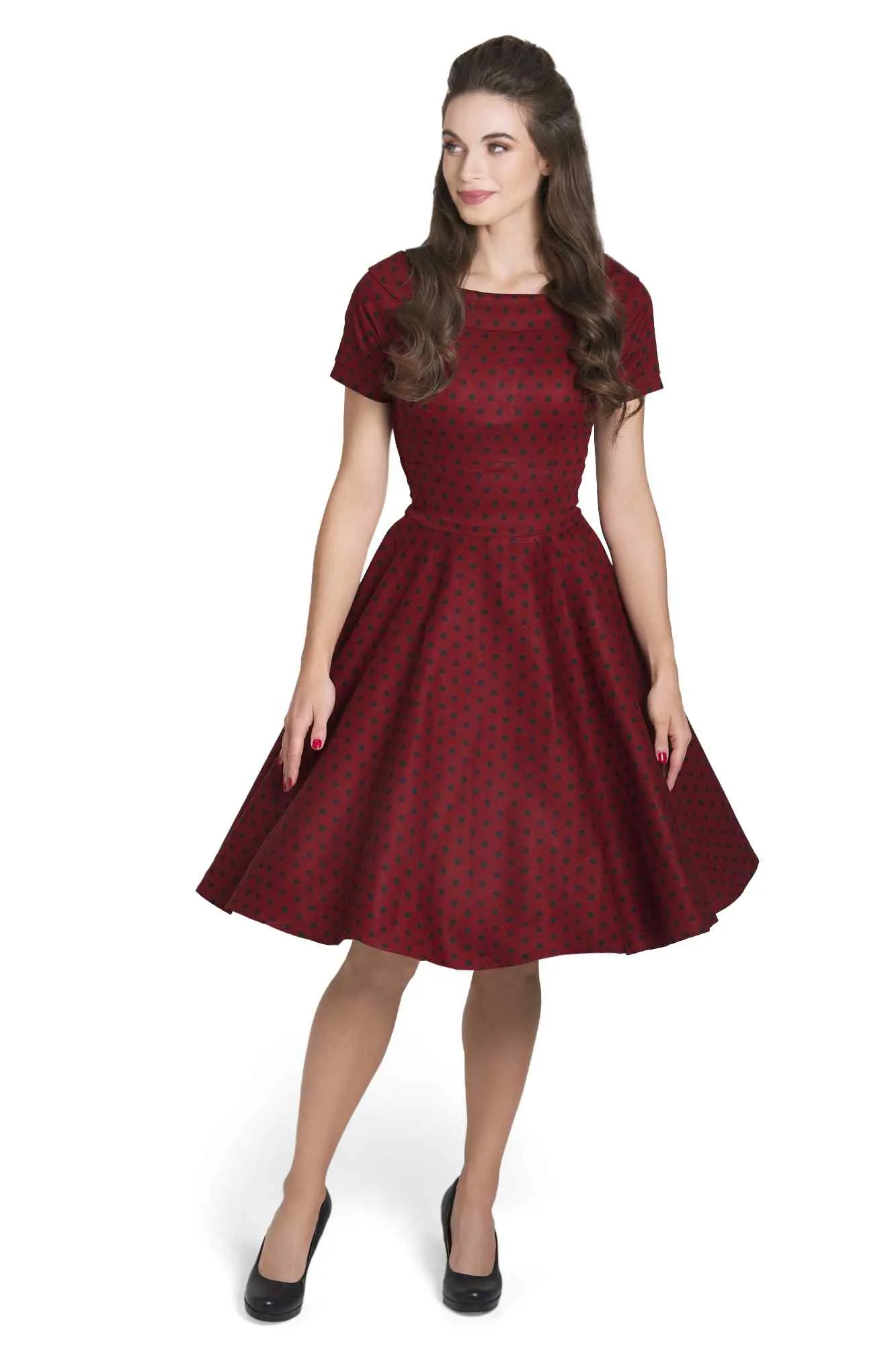 Darlene Retro Polka Dot Swing Dress in Burgundy-Black