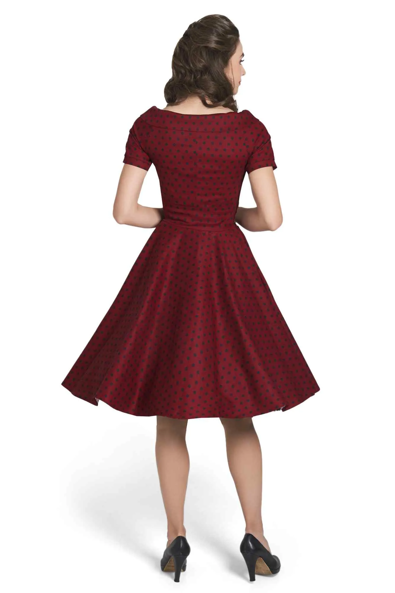 Darlene Retro Polka Dot Swing Dress in Burgundy-Black