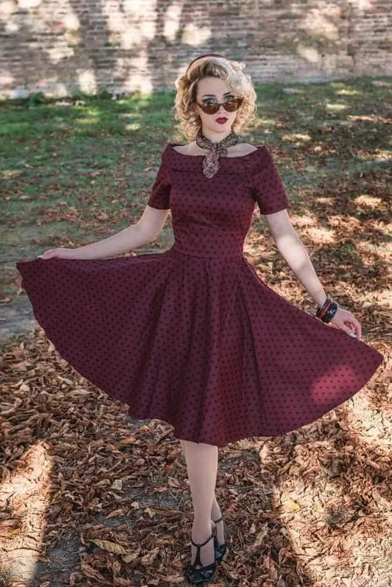 Darlene Retro Polka Dot Swing Dress in Burgundy-Black