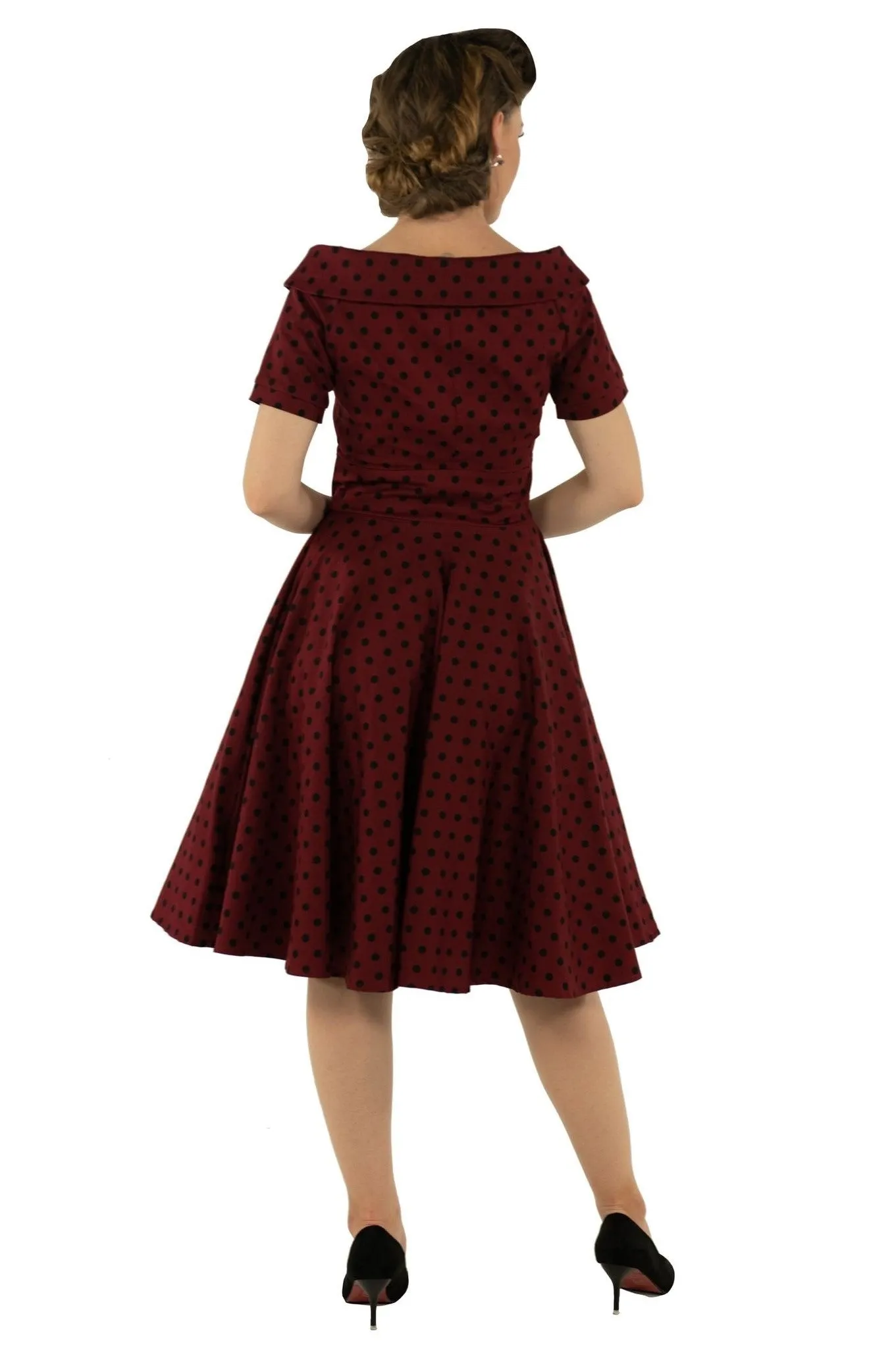 Darlene Retro Polka Dot Swing Dress in Burgundy-Black