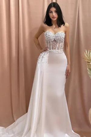 Designer Column Sweetheart Sleeveless Beading Tulle Satin Wedding Dress