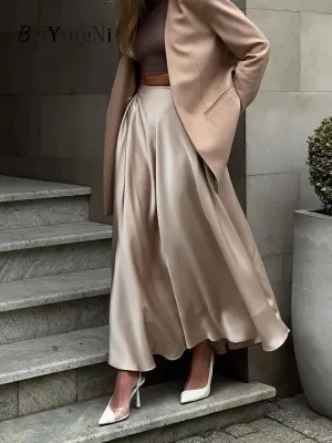 Elegant Long Skirt Casual Satin Maxi A-line Skirts Office