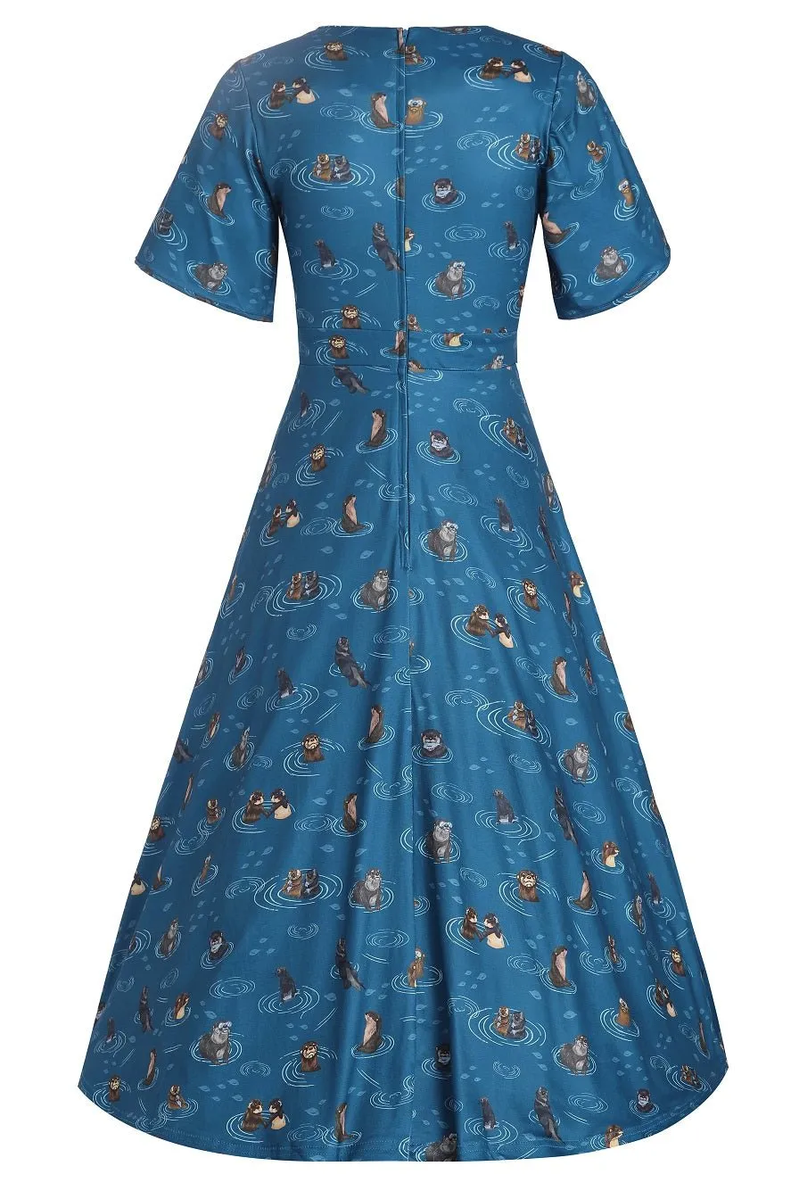 Janice Teal Blue Sleeved Tea Dress In Otter Animal Print