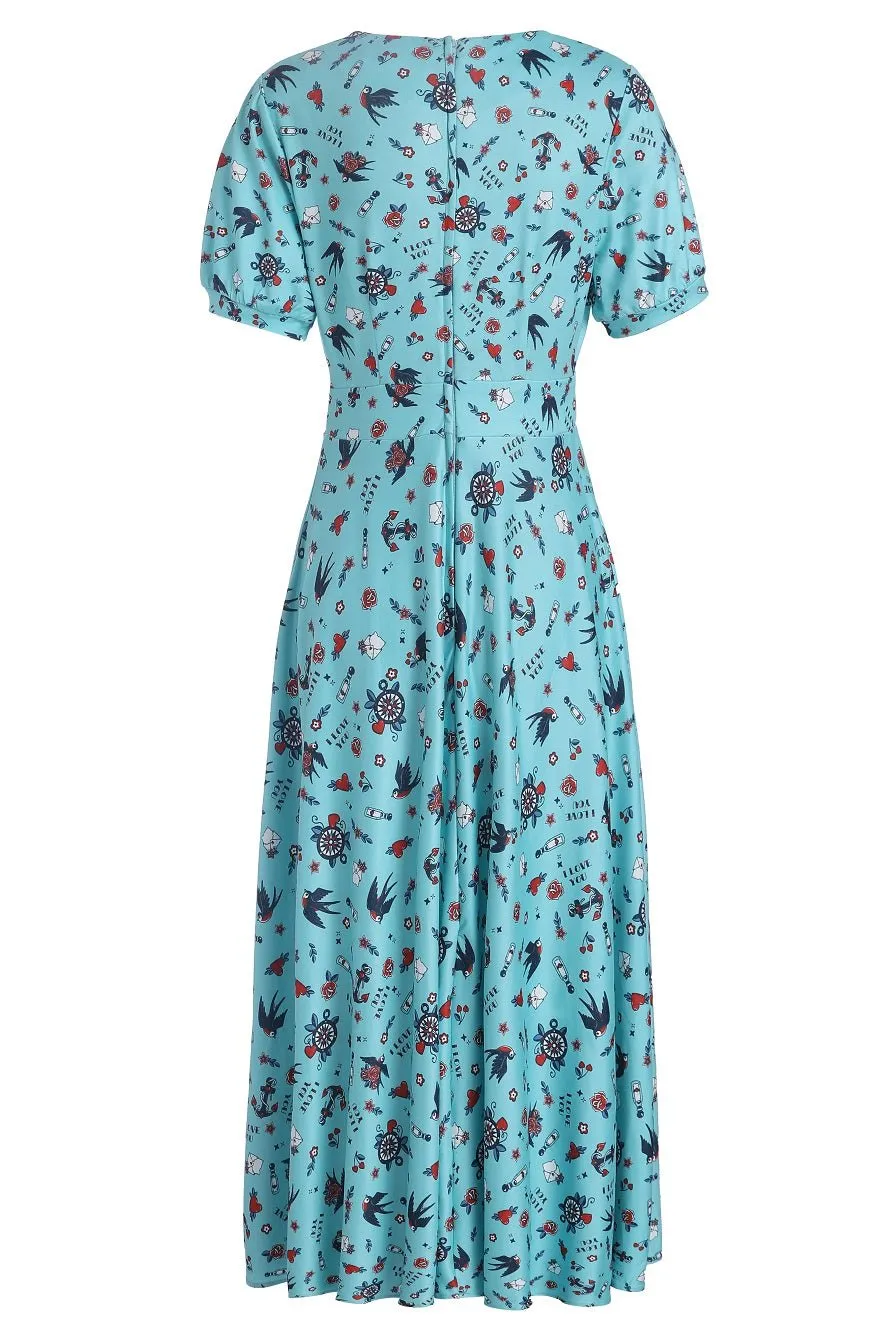 Julia Blue Rockabilly Swallow Sleeved Dress