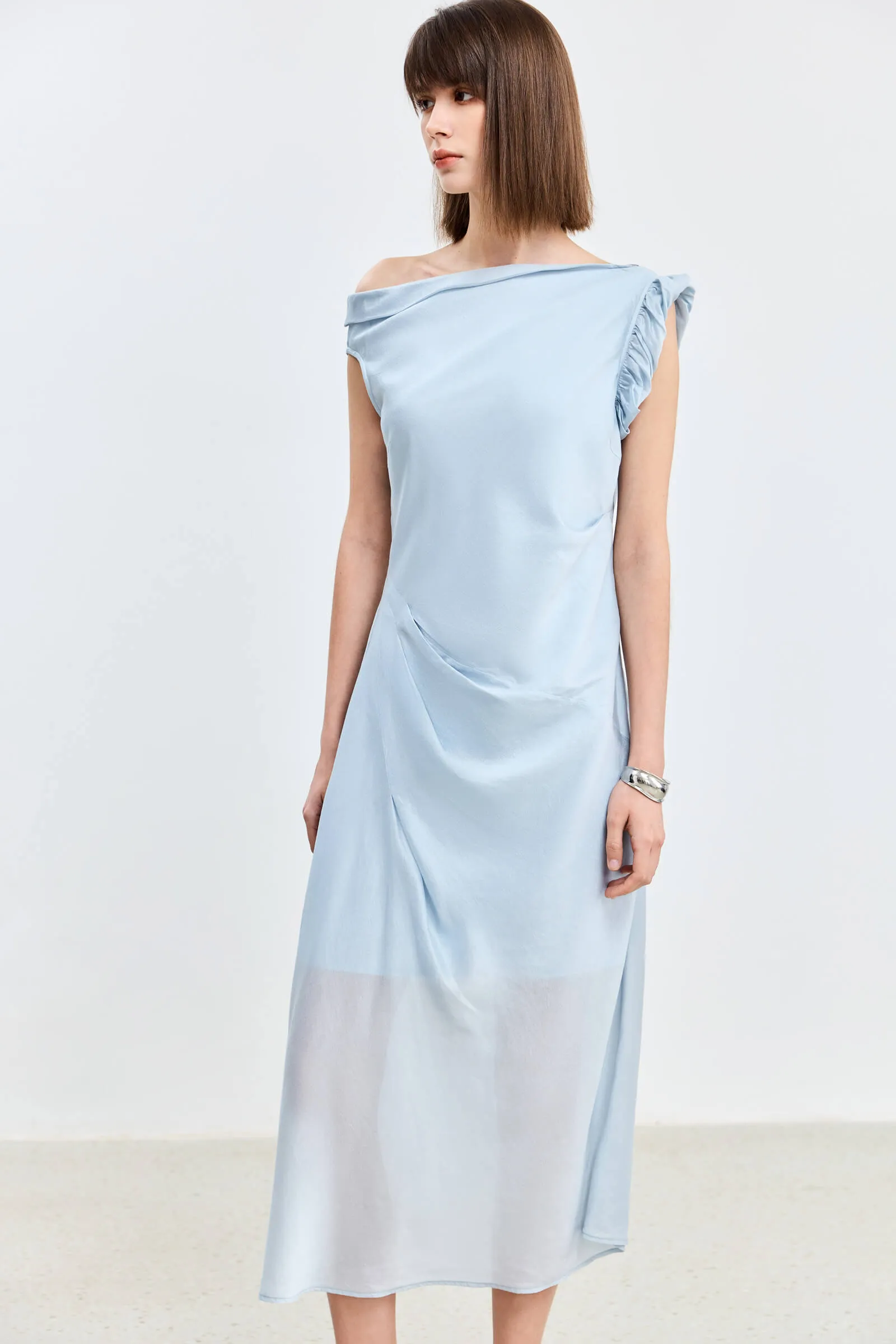 LILY Asymmetrical Design Acetic Acid Silk Dress