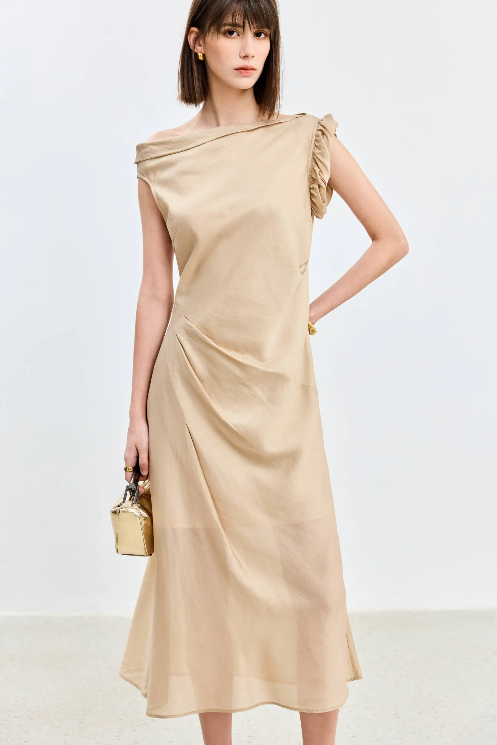LILY Asymmetrical Design Acetic Acid Silk Dress