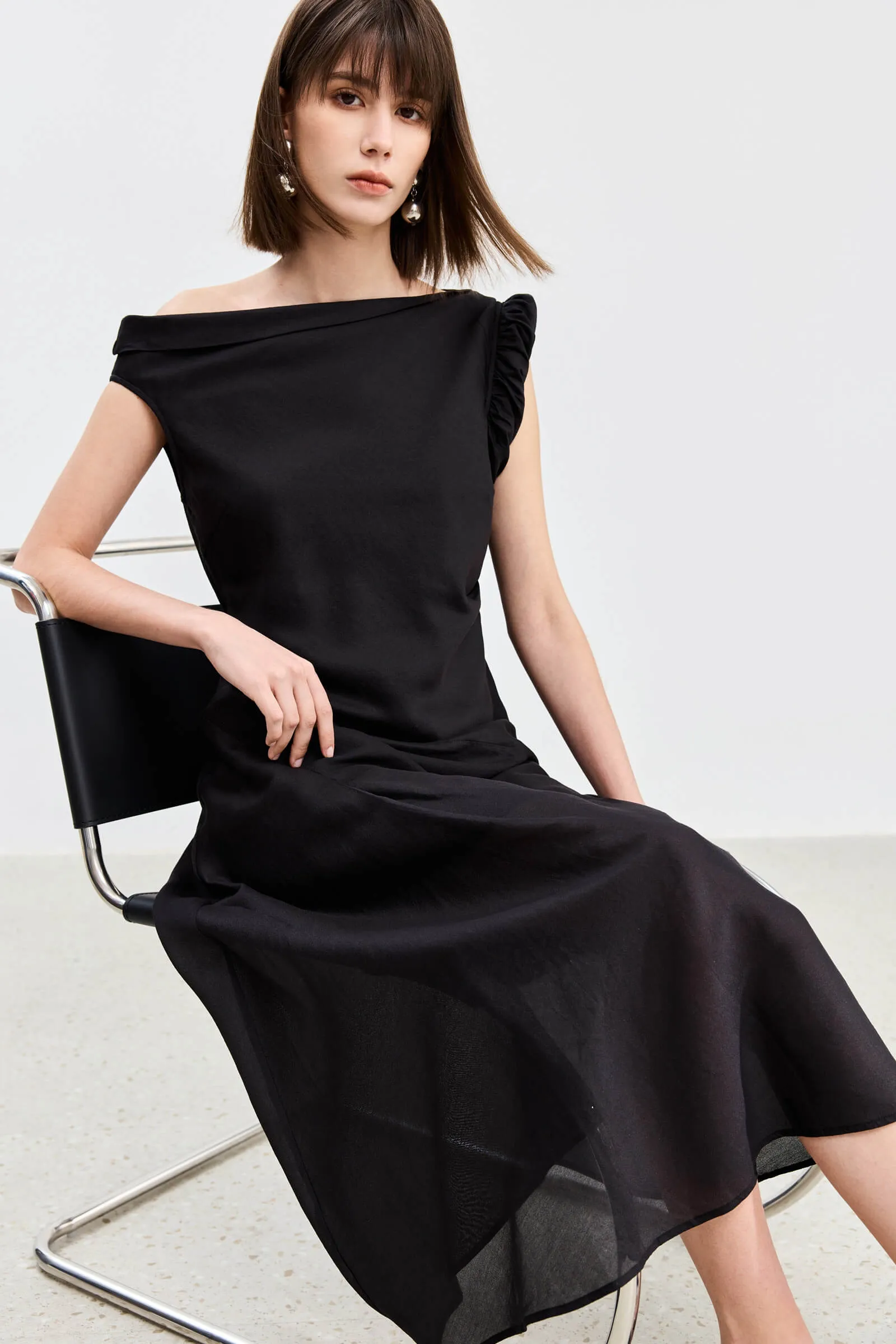 LILY Asymmetrical Design Acetic Acid Silk Dress