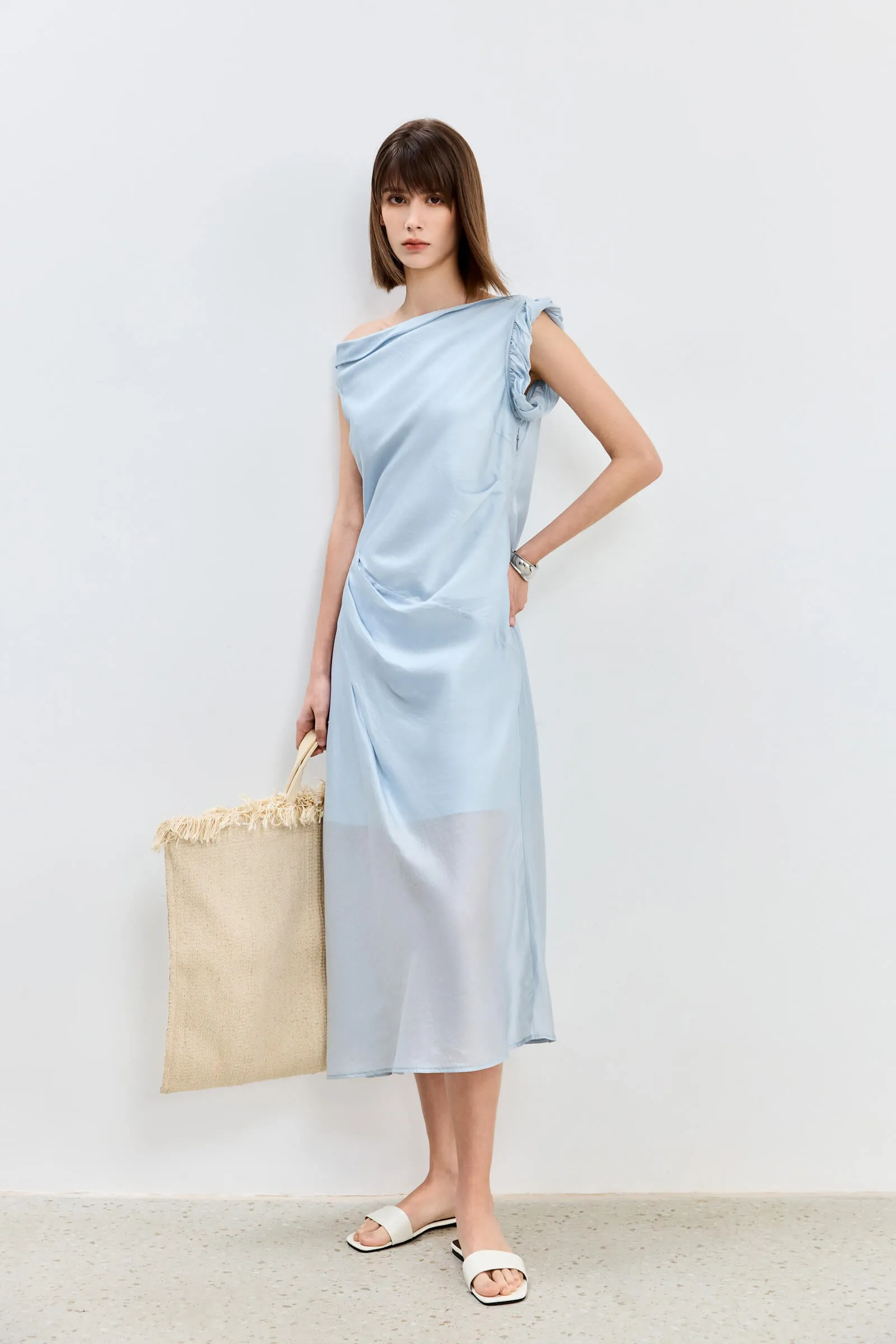 LILY Asymmetrical Design Acetic Acid Silk Dress