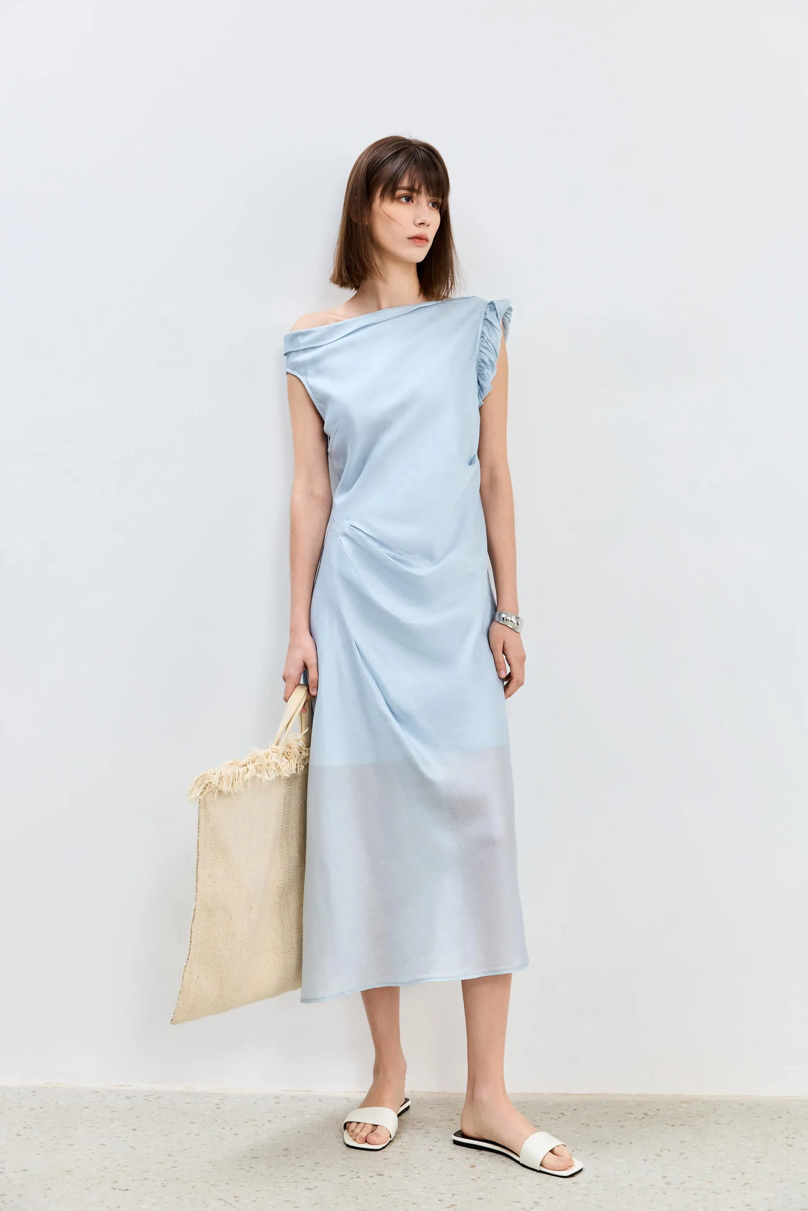 LILY Asymmetrical Design Acetic Acid Silk Dress