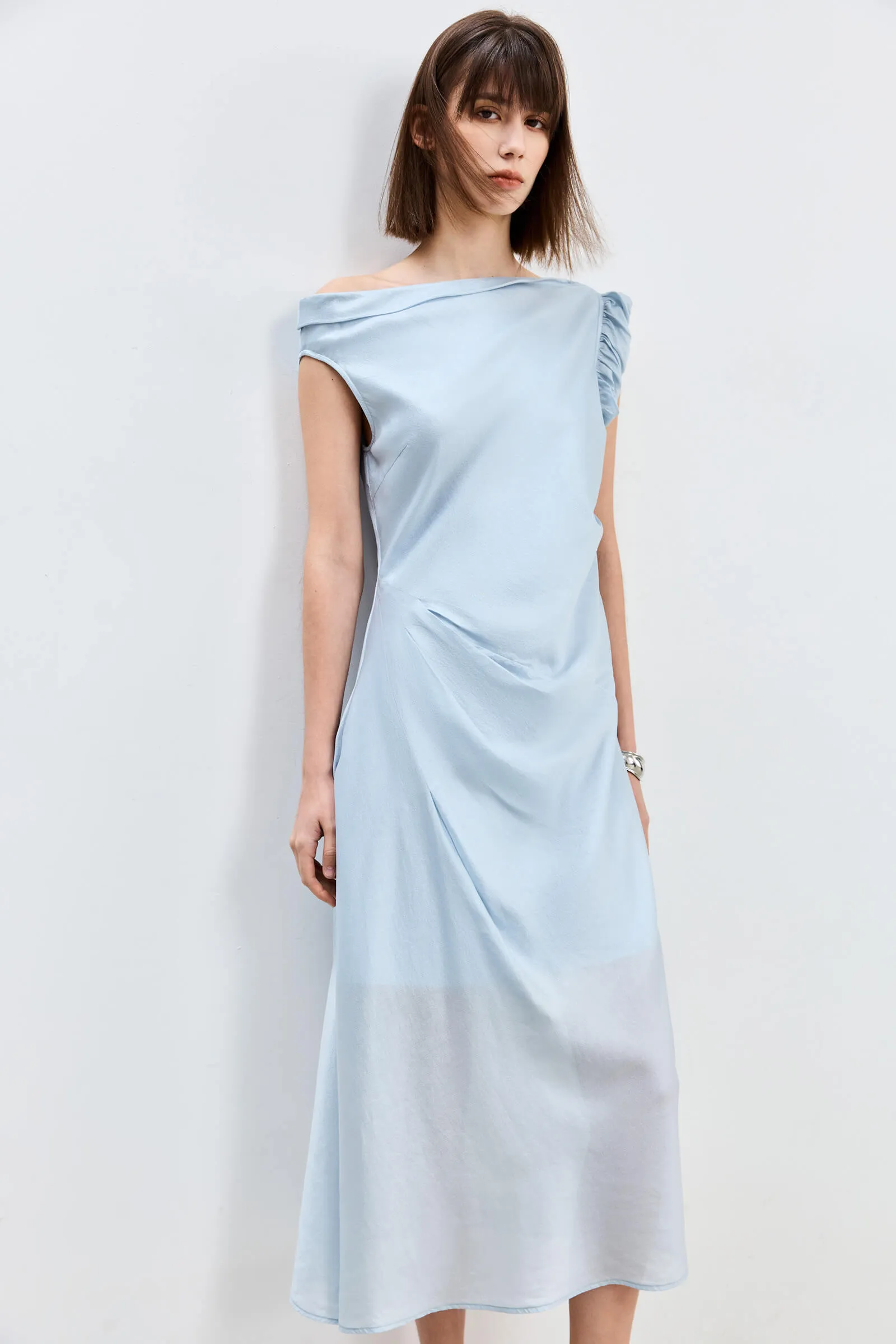 LILY Asymmetrical Design Acetic Acid Silk Dress