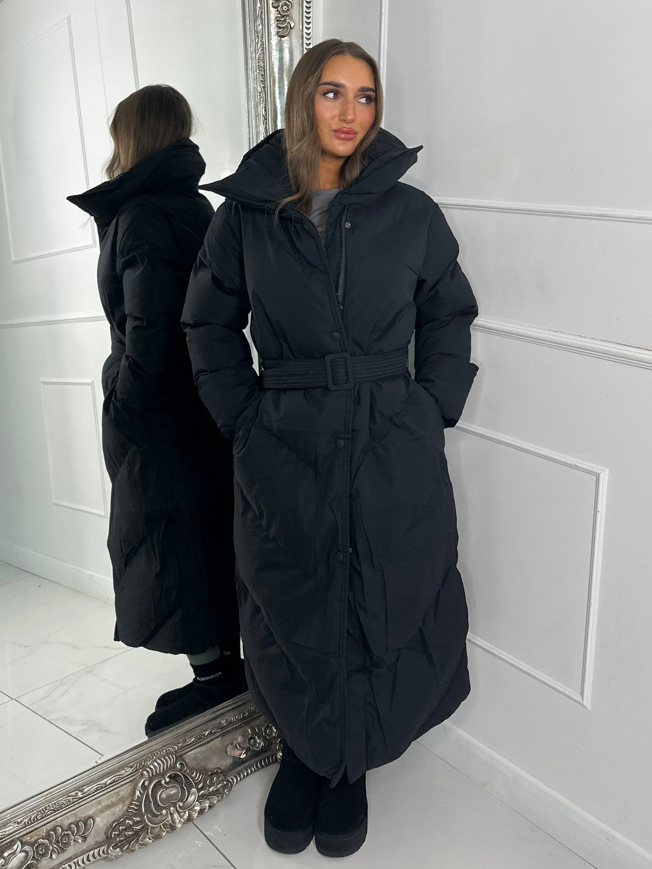 Long Length Padded Belted Coat - Black