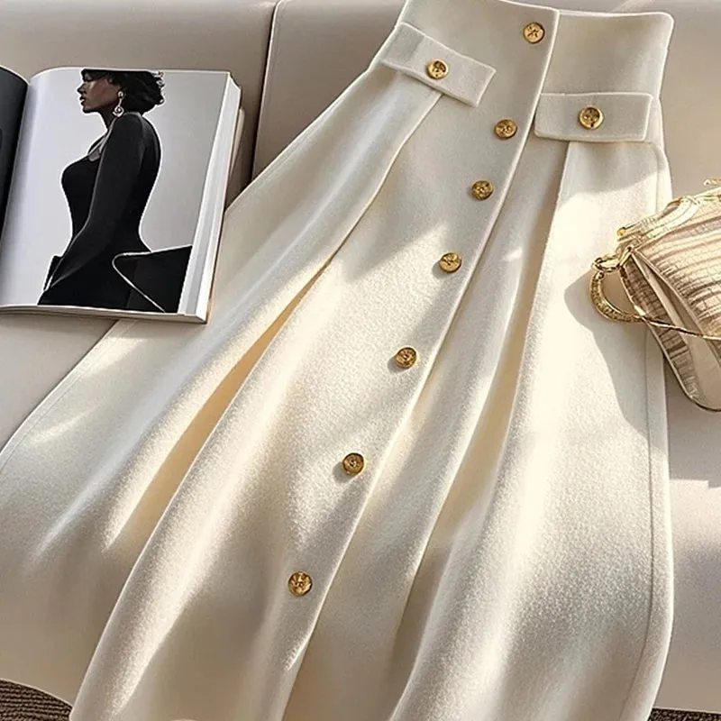 LVSANW Fashionable Autumn Winter New Women Clothing A-line Skirt Ladies High Waist Buttons Fashion Corset Solid Color Elegant Skirts