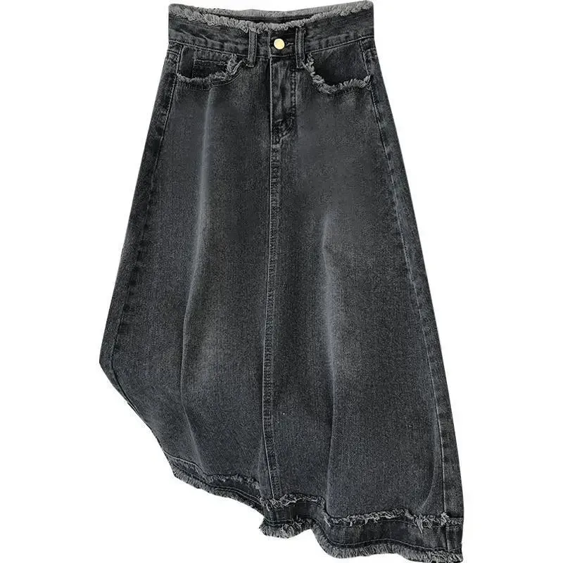 LVSANW Fashionable Denim A- Line Skirt For Women Elegant Ins Trendy Fringe Long Mid Waist Straight Leg Coal Grey Bodycon Skirt