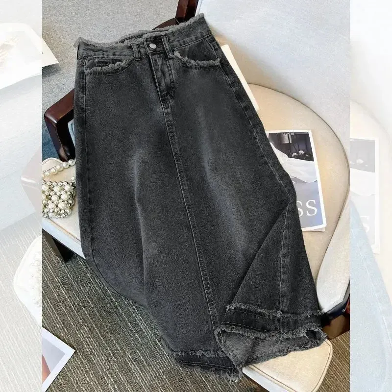LVSANW Fashionable Denim A- Line Skirt For Women Elegant Ins Trendy Fringe Long Mid Waist Straight Leg Coal Grey Bodycon Skirt