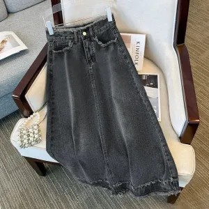 LVSANW Fashionable Denim A- Line Skirt For Women Elegant Ins Trendy Fringe Long Mid Waist Straight Leg Coal Grey Bodycon Skirt