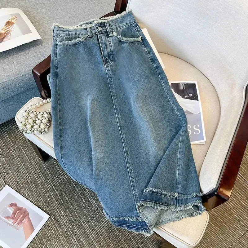 LVSANW Fashionable Denim A- Line Skirt For Women Elegant Ins Trendy Fringe Long Mid Waist Straight Leg Coal Grey Bodycon Skirt
