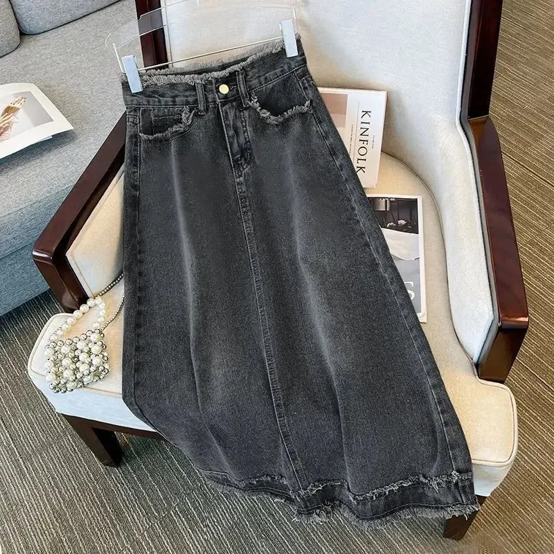 LVSANW Fashionable Denim A- Line Skirt For Women Elegant Ins Trendy Fringe Long Mid Waist Straight Leg Coal Grey Bodycon Skirt