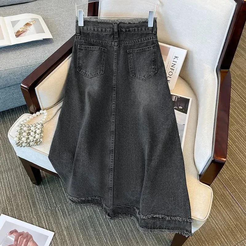 LVSANW Fashionable Denim A- Line Skirt For Women Elegant Ins Trendy Fringe Long Mid Waist Straight Leg Coal Grey Bodycon Skirt