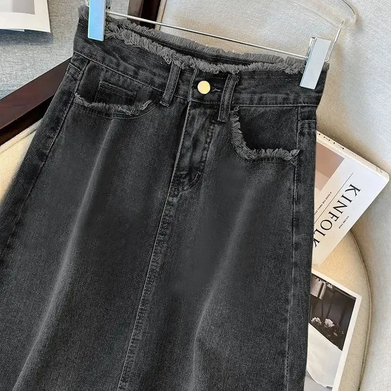 LVSANW Fashionable Denim A- Line Skirt For Women Elegant Ins Trendy Fringe Long Mid Waist Straight Leg Coal Grey Bodycon Skirt