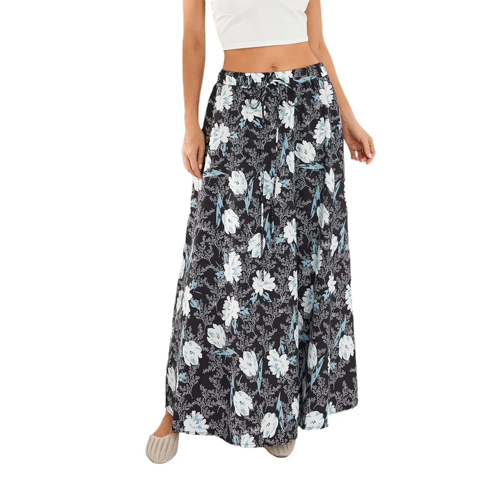 LVSANW Women s Summer Long Skirts Elegant High Waist Boho Floral A Line Skirt Casual Beach Holiday Swing Skirts with Pockets