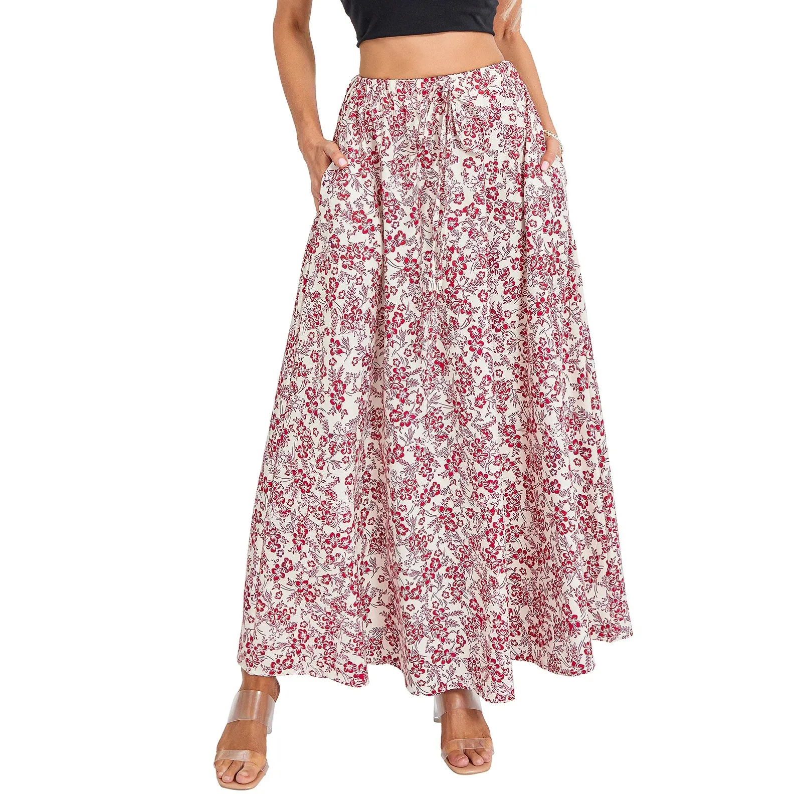 LVSANW Women s Summer Long Skirts Elegant High Waist Boho Floral A Line Skirt Casual Beach Holiday Swing Skirts with Pockets