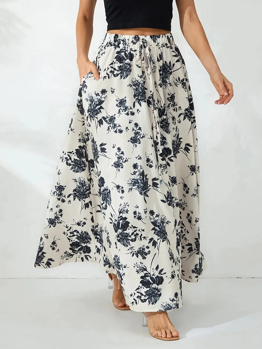 LVSANW Women s Summer Long Skirts Elegant High Waist Boho Floral A Line Skirt Casual Beach Holiday Swing Skirts with Pockets