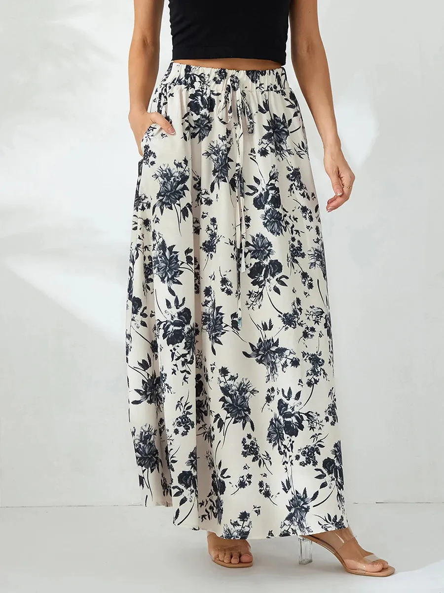 LVSANW Women s Summer Long Skirts Elegant High Waist Boho Floral A Line Skirt Casual Beach Holiday Swing Skirts with Pockets