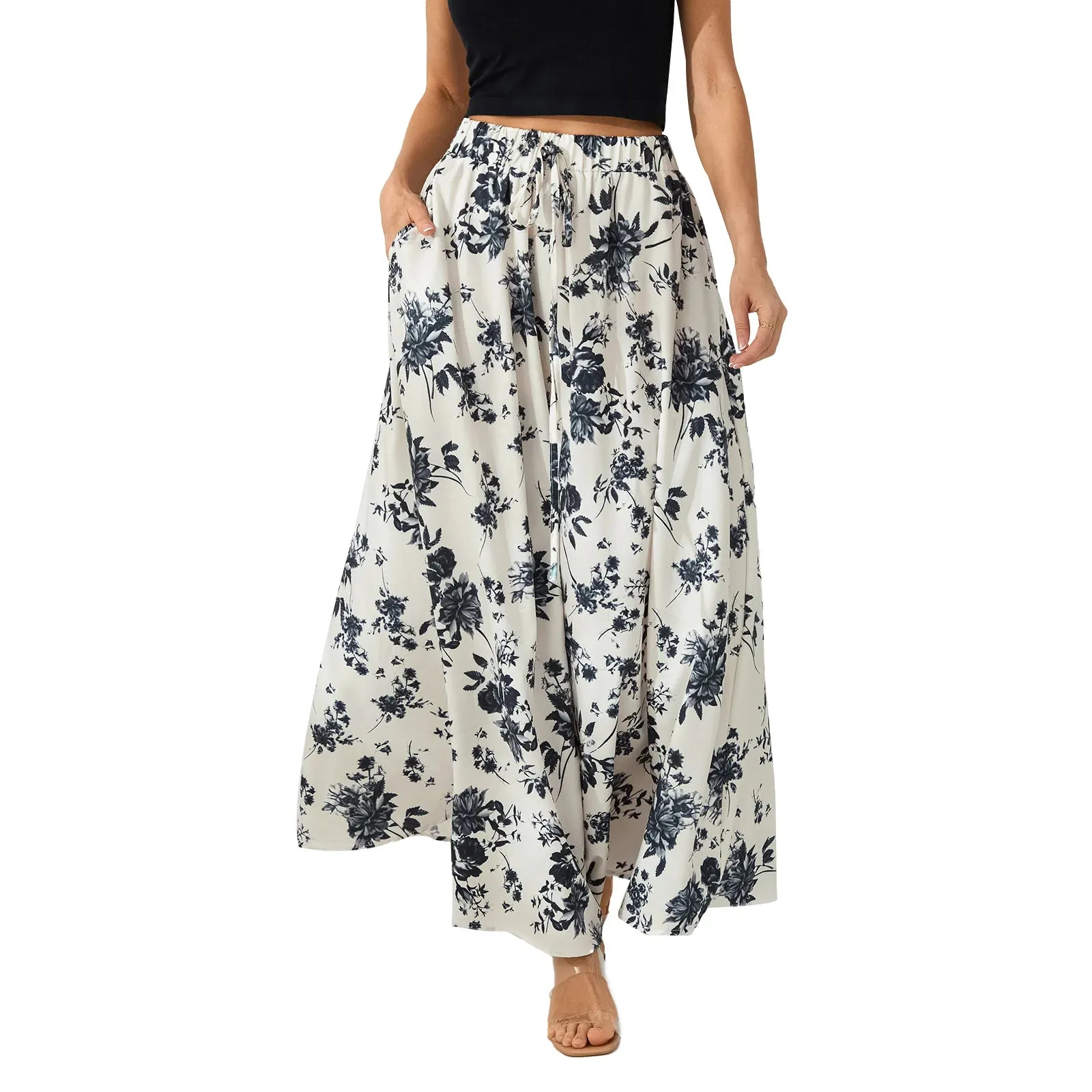 LVSANW Women s Summer Long Skirts Elegant High Waist Boho Floral A Line Skirt Casual Beach Holiday Swing Skirts with Pockets