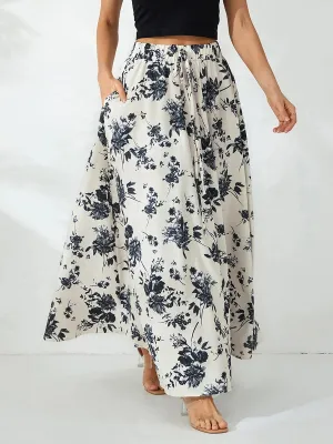 LVSANW Women s Summer Long Skirts Elegant High Waist Boho Floral A Line Skirt Casual Beach Holiday Swing Skirts with Pockets