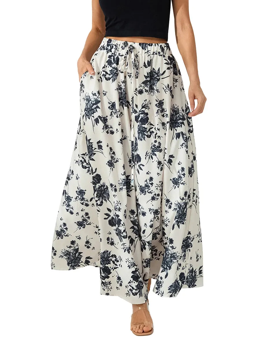 LVSANW Women s Summer Long Skirts Elegant High Waist Boho Floral A Line Skirt Casual Beach Holiday Swing Skirts with Pockets
