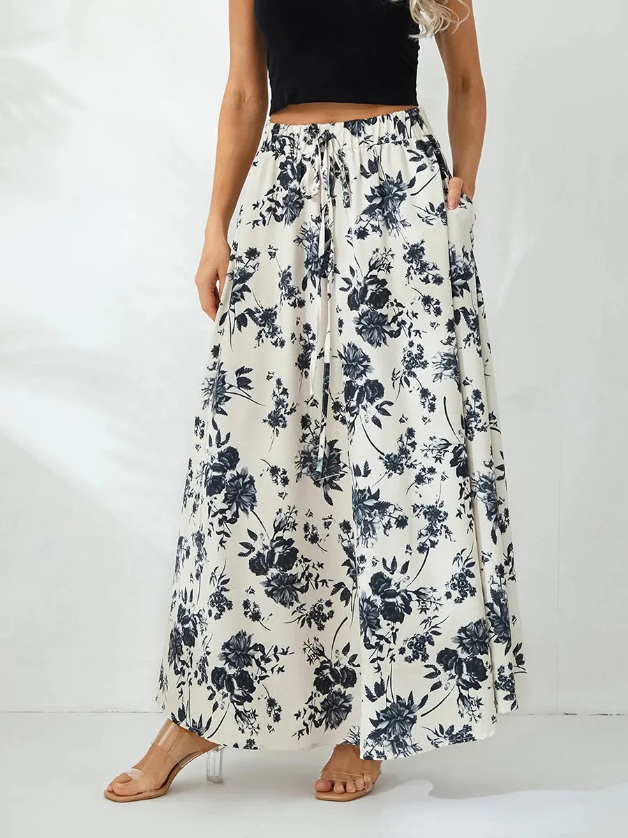 LVSANW Women s Summer Long Skirts Elegant High Waist Boho Floral A Line Skirt Casual Beach Holiday Swing Skirts with Pockets